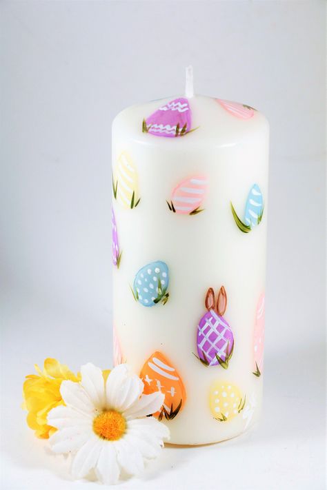 Hand Painted EasterPillar Candle, Easter Eggs, Easter bunny by PaintedSnowflakes on Etsy Easter Candle Painting, Easter Candle, Easter Candles Ideas, Candle Drawing, Egg Candle, Clay Candle, Hand Painted Candles, Easter Candles, Easter Eggs Diy