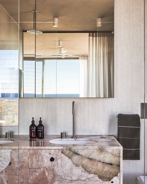 Pink Patagonia is a natural artwork in the bathrooms of @portum.byronbay , a luxury stay and shoot location in the heart of Byron Bay.⁣⁣⁣Stonework by @urbanonemarble⁣Photo by @andymacpherson.studio⁣⁣⁣⁣⁣#cdkstone #pinkpatagonia #quartzite #naturalstone #naturalbeauty #naturesmasterpiece #designstyle #natural #stone #interiors #exteriors #designinspo #designinspiration #natural #interiors #stone #interiordecor #designoftheday Pink Patagonia Quartzite, Patagonia Bathroom, Pink Marble Bathroom, Pink Patagonia, Natural Artwork, Natural Interiors, Creek House, Bear Creek, Marble Vanity