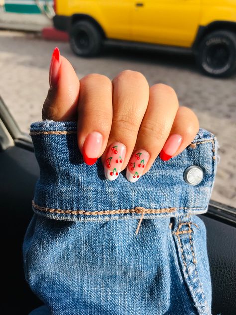 Red Cherry French Style Nails Red French Tip Nails With Cherries, Cherry Gel Nails, Cherry French Nails, Cherry French Tip Nails, Sb Nails, French Style Nails, Red Cherry Nails, Pink Glitter Nail, Cherry Nail Art