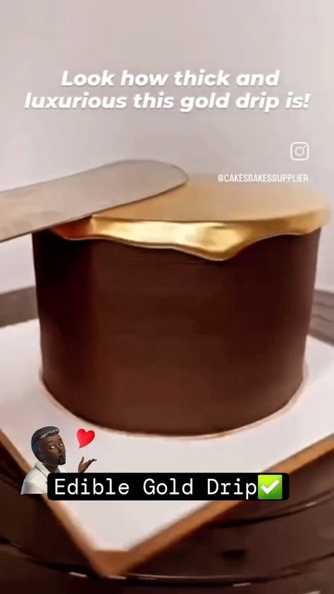 Michael Salako | This edible gold drip is thick❕️ #Recipe Alert ⚠️ Edible Gold Drip by @cakesbakessupplier | Instagram Chocolate And Gold Birthday Cake, Gold Drip Recipe, Chocolate Birthday Cake Decoration, Gold Drip Cake, Drip Cake Recipes, Cake Lettering, Letter Cake, Gold Birthday Cake, Cake Frosting Recipe