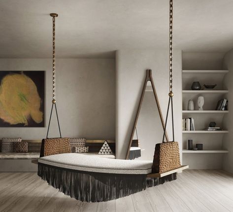 Collection — MODU STUDIO || Harmony with man, nature and the spirit of the design.. Swing In Living Room, Room Swing, Wabi Sabi Interior Design, Modern Minimalist Interior Design, Tribeca Nyc, Wabi Sabi Interior, Nyc Interior Design, Hanging Chairs, Swing Design