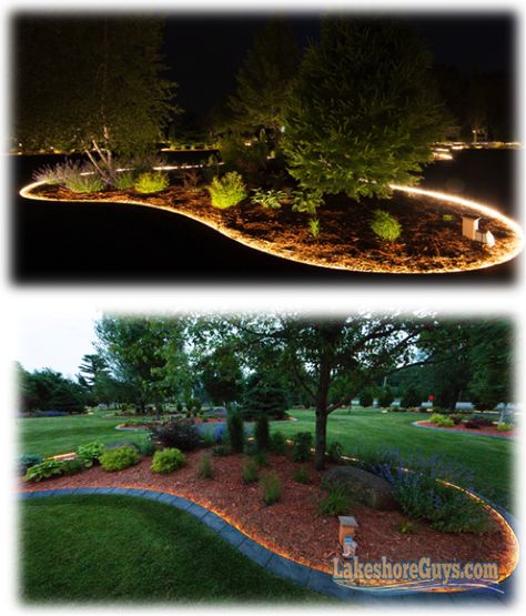 LED-Lighted Concrete Curbing Do you like to show off every now and then – to family, friends, neighbors, and possibly airplanes? Then you need some LED-lighted concrete curbing for your lakeshore or your land. Imagine your entire shoreline bordered with glowing light. You′ll be the envy of every passerby on the lake. Imagine your yard Landscape With Lights, Flowerbed Lighting, Landscaping Lights Front Yard, Garden Led Lighting Ideas, Flower Bed Lighting, Outdoor Garden Lights, Led Lights Outdoor, Concrete Curbing, Modern Garden Lighting