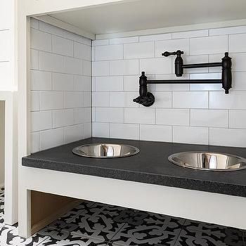 Transitional Laundry Room, Black And White Tile, Dog Feeding Station, Dog Water Bowls, Pot Filler, Dog Rooms, Laundry Mud Room, Décor Boho, Dog Bowl