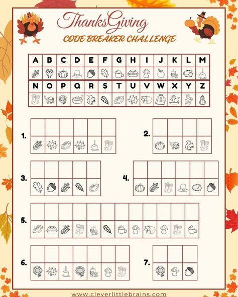 🔓🧩 Thanksgiving Code-Breaker Challenge! 🧩🔓 Get those little brains buzzing with the ultimate Thanksgiving Code-Breaker Challenge! 🦃✨ Kids will love decoding the hidden messages by solving puzzles, spotting patterns, and cracking the secret codes! 🔑 This activity is perfect for: ✅ Building critical thinking 🧠 ✅ Boosting problem-solving skills 💡 ✅ Having loads of festive fun! 🎉 Whether it's cracking a turkey's riddle or unlocking the pumpkin surprise, this challenge will keep kids engaged an... Code Breaker, Hidden Messages, Spots Pattern, Printable Activities For Kids, Secret Code, Problem Solving Skills, Printable Activities, Riddles, Critical Thinking