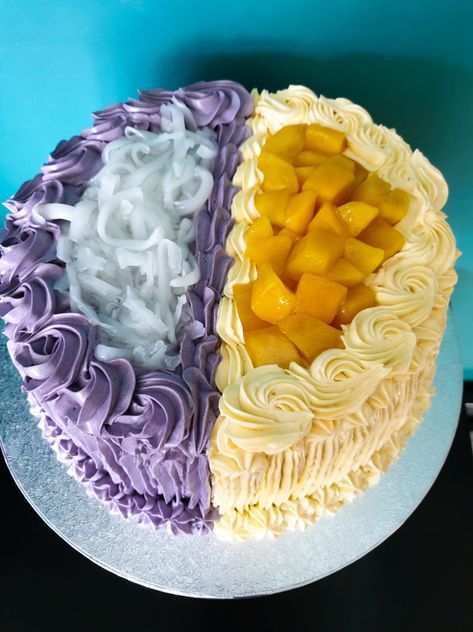 Half 'n half cake (ube and mango). Thank you for your order #pamsmixx #pamcakes #homebakedwithlove #filipinobakeryuk #cakedecoration #cakedecorating #cakedesign #ubecake #mangocake #halfnhalfcake Pamsmixx by Pamcakes Ube Cake Design, Ube Cake, Half Cake, Mango Cake, Cake Decorating, Mango, Thank You, Cake, Quick Saves