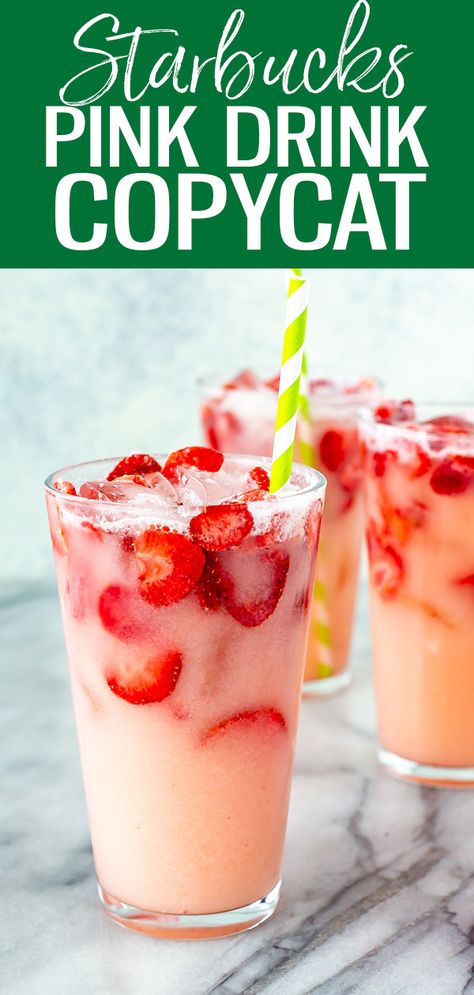 This Starbucks Pink Drink recipe is the PERFECT copycat, & comes together with 5 easy ingredients like passion tea, white grape juice & strawberry sparkling water. #starbucks #pinkdrink Pink Drink Copycat, Pink Drink Recipe, Tazo Passion Tea, Starbucks Pink Drink Recipe, Pink Drink Starbucks, Starbucks Pink Drink, Pink Drink Recipes, Passion Fruit Tea, Tazo Tea