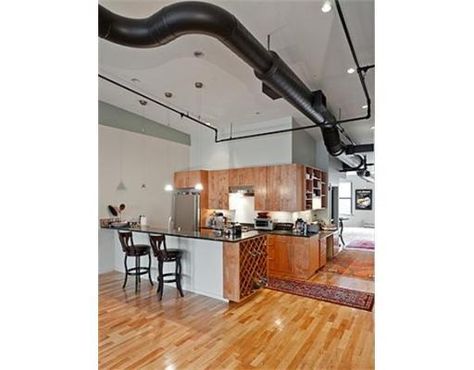 Obsessed with exposed duct work, especially painted black. This ... Hvac Ductwork, Hvac Design, Exposed Ceilings, Ducted Air Conditioning, Basement Apartment, Farmhouse Remodel, Atlanta Homes, Loft Living, Duct Work