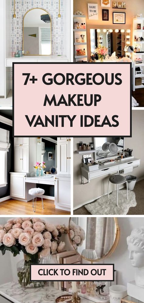 7 makeup vanity ideas Bohemian Vanity Ideas, Modern Makeup Vanity Ideas, Makeup Shelf Ideas, Vanity Room Ideas Inspiration, Makeup Organizing Ideas, Vanity Organization Ideas, Bohemian Vanity, Vanity Decor Ideas, Makeup Vanity Ideas