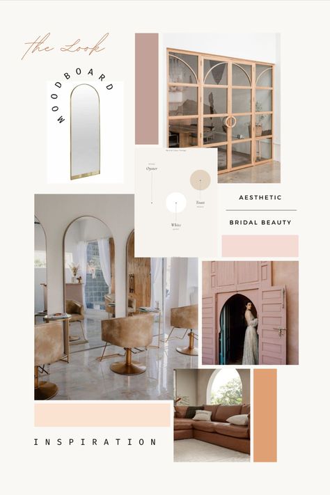 Mood Board For Bridal Salon Salon Board Design Ideas, Nail Salon Mood Board, Mood Boards Beauty Salon, Spa Mood Board Interior Design, Modern Traditional Mood Board, Beauty Salon Mood Board, Spa Mood Board, Hair Salon Mood Board, Bridal Suite Room