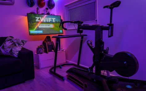 Cycling pain cave and ultimate Zwift setup Zwift Cycling Setup, Zwift Setup, Bike Room Design, Zwift Cycling, My First Youtube Video, First Youtube Video, Bike Room, Cave Tours, Indoor Cycling