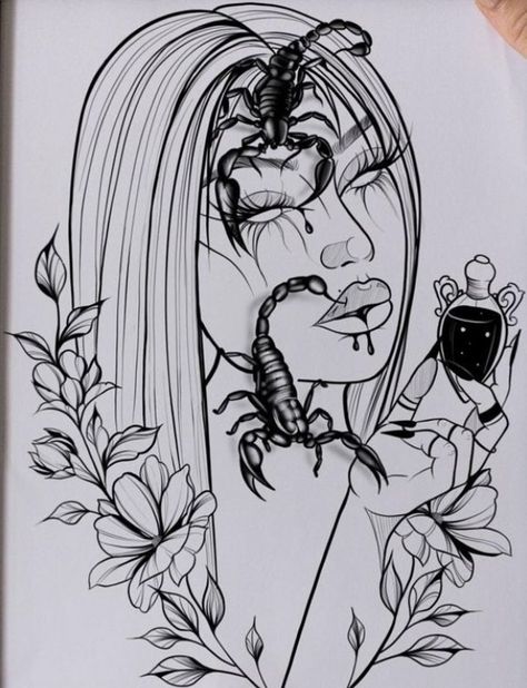 Black Aries Goddess Tattoo, Scorpio Goddess Tattoo Design, Scorpio Goddess Tattoos For Women, Scorpio Thigh Tattoo, Scorpio Woman Tattoo, Tattoo Ideas Female Scorpio, Woman Tattoo Drawing, Scorpio Sketch, Powerful Women Tattoos Design