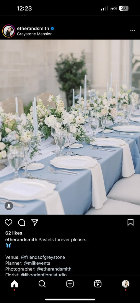 Blue Table Cloth Wedding Receptions, Wedding Blue Table Cloth, Light Blue Reception Decor, Light Blue Wedding Theme Flowers, Coastal Wedding Tablescape, Light Blue Table Decor, Blue Wedding Theme Flowers, Azores Wedding, Dusty Blue Garden Wedding