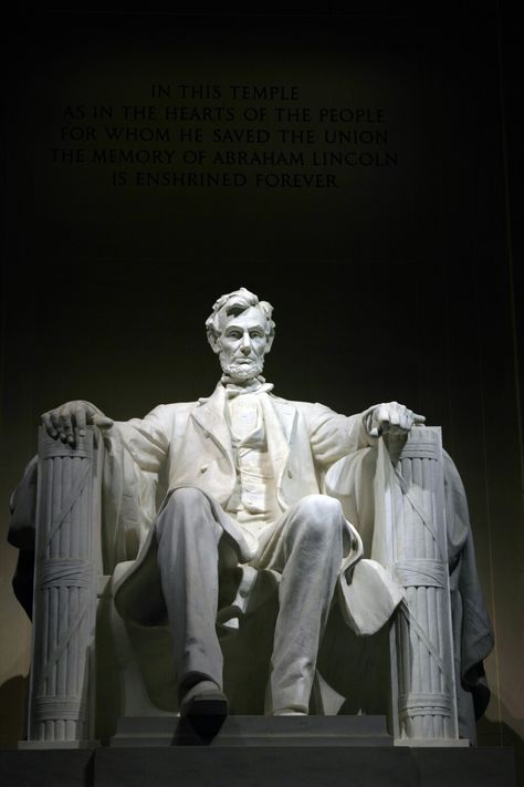 Abraham Lincoln Memorial, a statue in memory of Abraham Lincoln, 16th president of the United States, Washington, Dc. On the wall over his head it reads: In this temple, as in the heart of the people for whom he saved the union, the memory of Abraham Lincoln is enshrined forever. Washington Dc Monuments, Lincoln Statue, Dc Monuments, Abe Lincoln, Washington Dc Travel, Dc Travel, Night At The Museum, Lincoln Memorial, Famous Landmarks