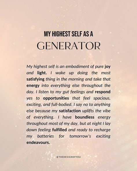 Higher Self x Human Design 💫 Share yours to inspire others 💜 Your higher self is the version of you that is in complete alignment, living out your potential, and enjoying life for everything it has to offer✨ Human design teaches you how to get into alignment, honor your energy, and follow your intuition. It is an incredible tool that gives you the practical steps to take in order to align with your higher self! I hope this inspires you to dive deeper into your unique design and learn how ... How To Get Into Alignment, How To Align With Your Higher Self, Alignment With Higher Self, Alchemist Generator, Follow Your Intuition, Healing Symbols, Gene Keys, Design Motivation, Womb Healing