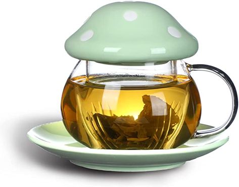 Mushroom Cup, Kawaii Mushroom, Cute Tea Cups, Tea Forte, Mushroom Tea, Tea Brewer, Blooming Tea, Mushroom Coffee, Glass Tea Cups