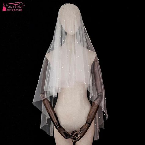 Simple Modest Wedding Bridal Veils With Pearls No Comb - AliExpress 320 Veil Covering Face, Elegant Wedding Veil, Vintage Elegant Wedding, Vintage Wedding Veil, White Vintage Wedding, Elbow Veil, Cheap Wedding Veil, Short Veils Bridal, Wedding Veils Short