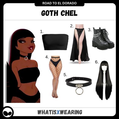 Dress like this hugely popular fan-made take on Chel from Road to El Dorado with our complete outfit rundown! Chel El Dorado, Road To El Dorado, Chunky Combat Boots, Leather Choker Collars, Halloween Costume Idea, Black Color Palette, Black Tube Top, Platform Boots Chunky, Trendy Halloween Costumes