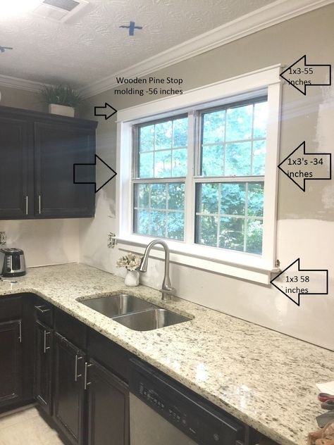 DIY Craftsman Trim - Live Pretty on a Penny Diy Craftsman Trim, Kitchen Window Trim, Craftsman Trim Window, Over Kitchen Sink Lighting, Windows Trim, Craftsman Window Trim, Window Over Sink, Craftsman Trim, Interior Window Trim