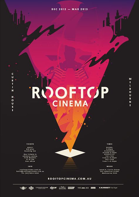 Rooftop Cinema Cool Event Posters, Black Poster Design, Promotional Ideas, Show Poster Design, Promotional Poster Design, Cinema Poster Design, Promotion Design Poster, Poster Graphic Design Inspiration, Promotional Poster