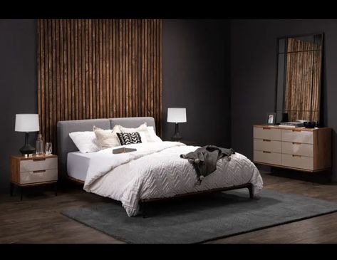 Black And Walnut Bedroom, Blue Feature Wall Bedroom, Charcoal Grey Bedrooms, Dark Blue Feature Wall, Blue Feature Wall, Wood Walls Bedroom, Black Gold Bedroom, Dark Gray Bedroom, Dark Wood Bedroom