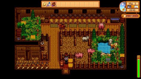 Indoor Pond, Barn Layout, Stardew Valley Layout, Stardew Valley Tips, Stardew Valley Farms, Farm Layout, Small Lake, Barn Decor, Pond Design