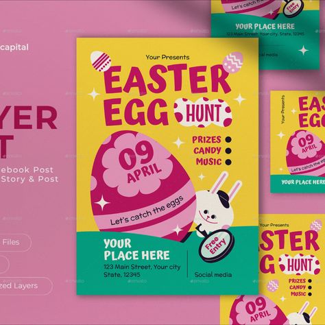 Yellow Flat Design Happy Easter Hunt Flyer Set Easter Poster Design, Easter Graphic Design, Easter Flyers, Easter Poster, Easter Happy, Yellow Flats, Easter Hunt, Easter Design, Post Instagram