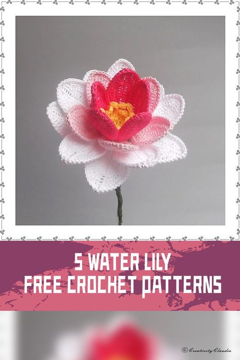 These Water Lily FREE Crochet Patterns are sure to bring a touch of natural beauty to your creations #freecrochetpatterns Water Lily Crochet Pattern Free, Water Lily Crochet Pattern, Crochet Water Lily Free Pattern, White Flowers Crochet, Crochet Thread Flowers, Lily Pad Crochet Pattern, Crochet Lilly Pad Free Pattern, Crochet Plumeria Pattern Free, Crochet Lilly Pattern