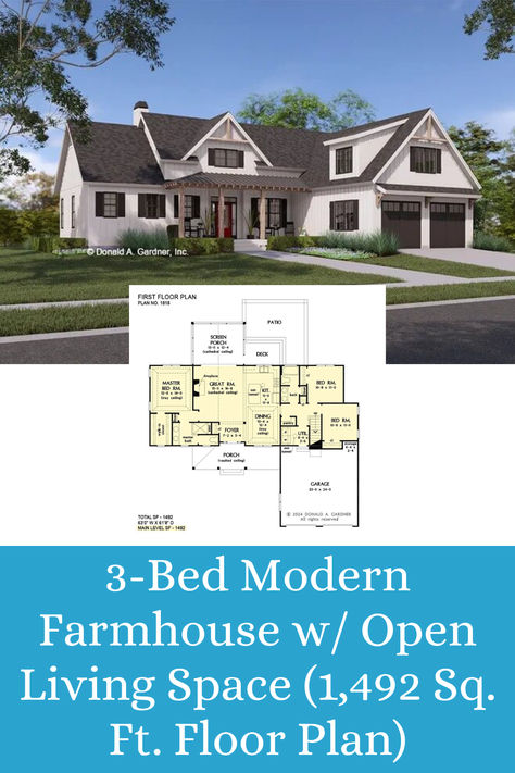 Fall in love with the charm and warmth of this 3-bedroom modern farmhouse. With 1,492 sq. ft., this thoughtfully designed floor plan features an open living space, perfect for family gatherings and entertaining. The Goldbranch combines rustic farmhouse elements with contemporary touches, creating a cozy yet stylish home. Perfect for families or those looking for a timeless design. Floor Plan With Bonus Room, Open Floor Plan With Fireplace, Loft House Plans, Bonus Room Floor Plan, Room Floor Plan, Open Living Space, 1 Bedroom House, Open Living, Modern Ranch