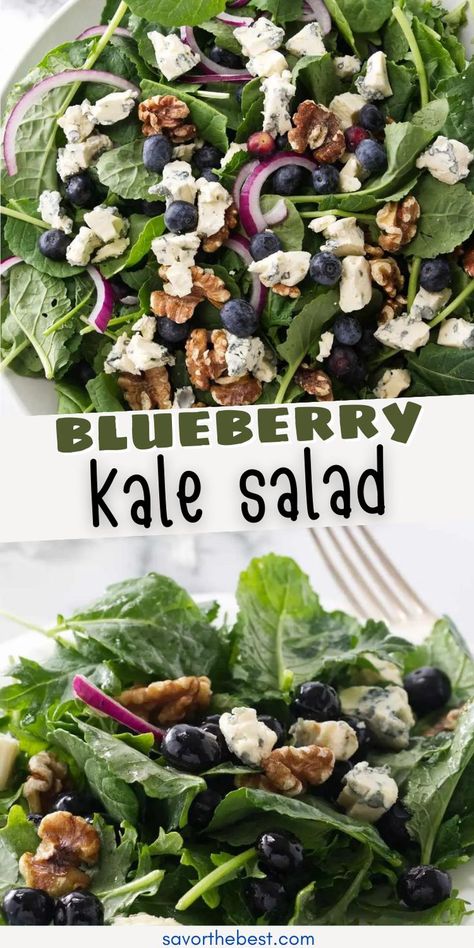 A fresh kale salad with onions, fruit, and walnuts. Kale Salad With Blueberries, Baby Kale Salad Recipes, Baby Kale Recipes, Blueberry Salad Recipes, Salad With Blueberries, Baby Kale Salad, Packed Salad, Blueberry Salad, Super Salads