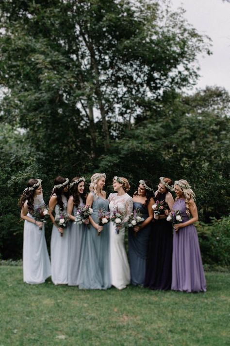 David's Bridal bridesmaid in a mercury gray convertible bridesmaid dress! Jess Jolin Photography via Junebug Weddings Dark Romantic Wedding, Nature Themed Wedding, Purple Bridesmaid, Purple Wedding Theme, Mismatched Bridesmaids, Purple Bridesmaids, Mismatched Bridesmaid Dresses, Purple Bridesmaid Dresses, Moody Wedding