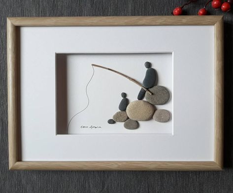 20×30 glass frame.  #rockart #rockartist #handpicked #minimaldecor #fishing #fishinglife #beachlove #pebbles Fishing Pebble Art Ideas, Fishing Rock Art, Fishing Pebble Art, Pebble Art Fishing, Flower Rocks, Sea Glass Art Diy, Stone Pictures Pebble Art, Stone Wall Art, Fishing Christmas