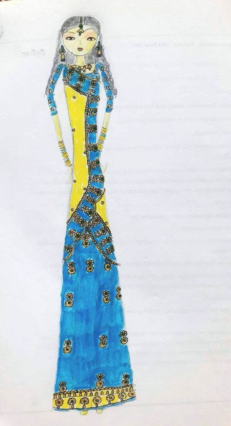 Blue and yellow coloured gujarati style saree fashion illustration Saree Fashion Illustration, Gujarati Style Saree, Saree Illustration, Check Saree, Checks Saree, Fashion Design Sketch, Saree Fashion, Drawing Sketching, Blue Saree