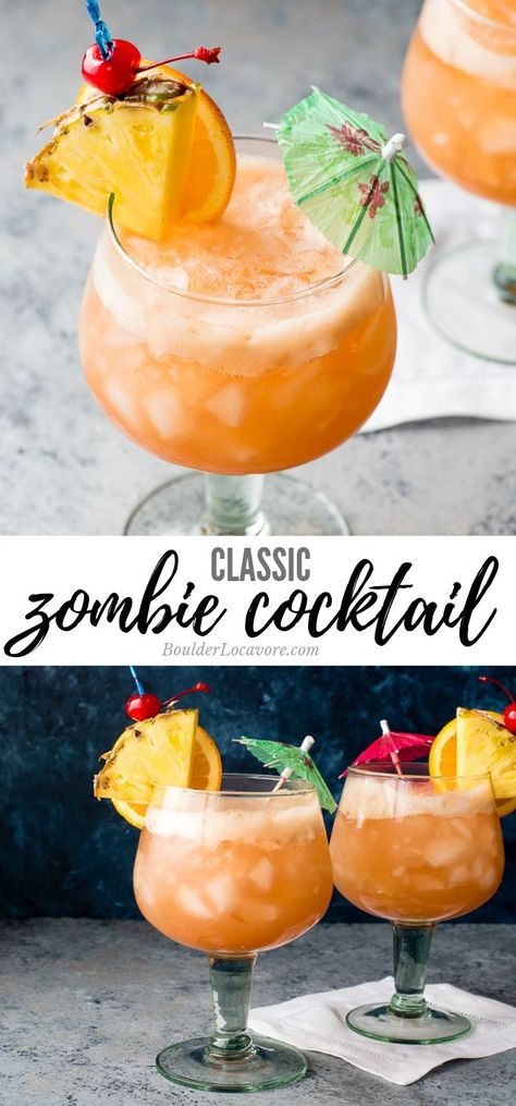 Zombie Recipe Cocktails, Zombie Cocktail Recipe, Zombie Drink Recipe, Cocktail Zombie, Zombie Drink, Fruit Juice Cocktails, Zombie Cocktail, Reflux Recipes, Reception Cocktail