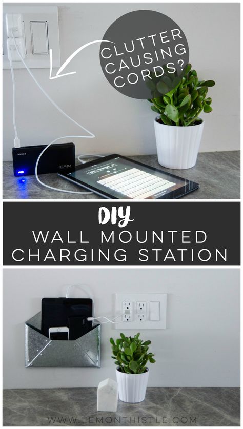 DIY Wall Mounted Charging Station- I love that this doesn't clutter up any counter space - the USB plug is perfect! Wall Mounted Charging Station, Diy Charging Station Ideas, Charging Station Ideas, How To Make Notebooks, Diy Furniture On A Budget, Diy Charging Station, Hiding Ugly, Phone Jack, Diy Furniture Bedroom