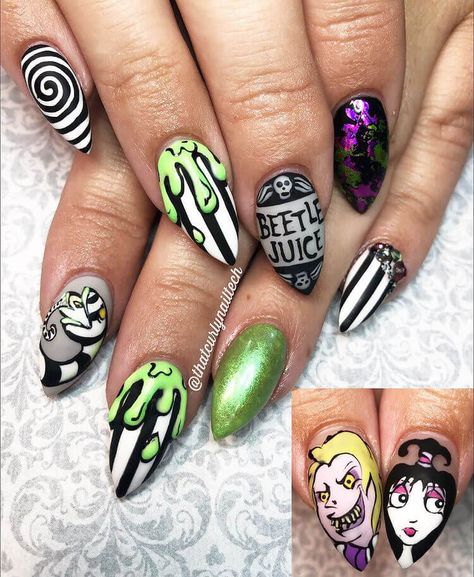 Zombie Nails Halloween, Horror Nails Designs, Halloween Character Nails, Beetlejuice Nails Acrylic, Alien Nails Design, Alien Nail Art, Beetlejuice Nail Art, Beetle Juice Nails, Beetlejuice Nails