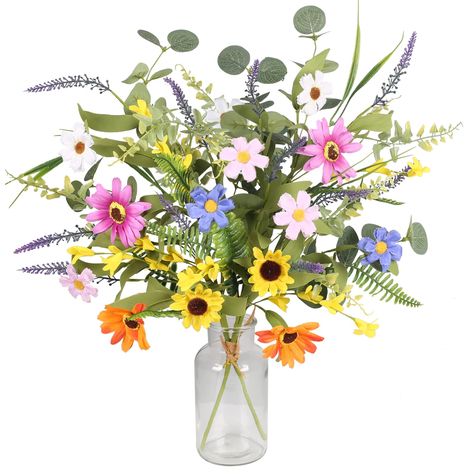 PRICES MAY VARY. Whimsical colors: This gerber daisy artificial flowers bouquet mixes elegant blues, purples, pinks, yellows, and oranges with bright green accents for any occasion that calls for colorful flowers that instantly brighten the room. Flower Variety: This beautiful wildflower arrangement features daisies and sunflowers, with spring flowers, Persian fern, eucalyptus leaves, lavender, and willow leaves as accents that come to life and look great alone in a vase or with other floral arrangements. Product Information: The package contains two bunches of faux summer flowers, each bunch contains four types of silk flowers and six types of green leaves, the length of 20 inches / 51 cm, the stem can be bent and adjusted, after receiving the goods, we recommend that you fully unfold the Wildflowers Bouquet, Daisy Bouquet, Willow Leaf, Flowers Colorful, Wedding Party Decor, Gerber Daisies, Artificial Flower Bouquet, Office Christmas Decorations, Wildflower Bouquet