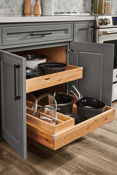 Ever struggled to find the lid for a pot or pan? The Base with Lid Organizer and Roll Tray cabinet provides a convenient place to store pots, pans, and lids, with easy access and organization for all types of lids. Thomasville Kitchen Cabinets, Built In Dog Bed, Thomasville Cabinets, Tray Cabinet, Products Organization, Thomasville Cabinetry, Interior Door Styles, Kitchen Storage Space, Kitchen Cabinets Decor