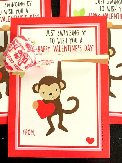 PRINTABLE Monkey Valentine's Day Card for Lollipops / Monkey Valentine Cards, Valentines For Toddlers, Holiday Treats Gifts, Monkey Valentine, Valentines Day Kids, Monkey Girl, School Treats, Lollipop Sticks, Hearts Valentines