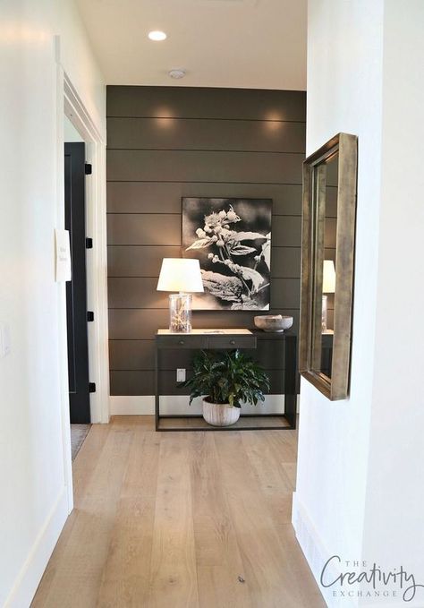 Painted Shiplap Wall Color is Benjamin Moore Kendall Charcoal Painted Shiplap, Decoration Hall, Dark Accent Walls, Painting Shiplap, Accent Wall Colors, Shiplap Accent Wall, The Golden Girls, Accent Walls In Living Room, Bedroom Accent