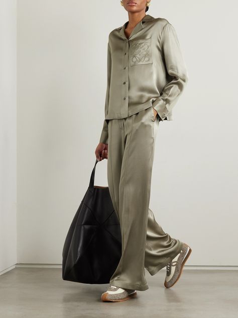 Loewe's high-rise pants may be inspired by pajamas, but they'll slot seamlessly into your everyday wardrobe. They're cut from lustrous silk-satin and have a comfortable elasticated waistband that falls to fluid straight legs. Designer Pieces, Gray Silk, High Rise Pants, Pants Straight, Everyday Wardrobe, Be Inspired, Straight Leg Pants, Net A Porter, Silk Satin