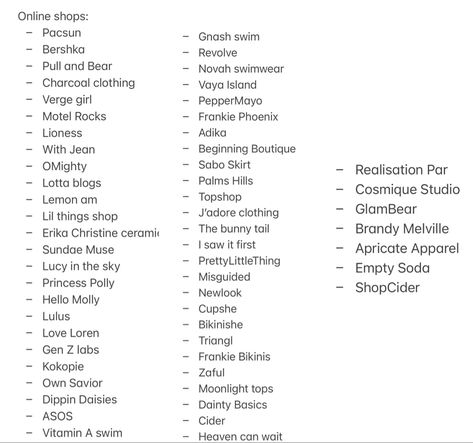 Outfit List Ideas, Outfit Categories List, Where To Online Shop For Clothes, Places To Online Shop For Clothes, Clothes Buy Shopping, Places To Get Clothes From, Winter Shopping List Clothes, Cool Online Shops, All Clothing Styles List