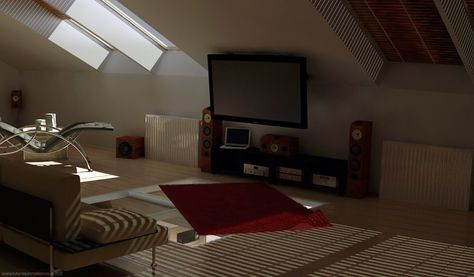 hanging a tv in an attic - Google Search Attic Tv Room Sloped Ceiling, Attic Tv Room, Yellow Mansion, Capital R, Hanging Tv, Pitched Ceiling, Ceiling Tv, Tv Mounting, Slanted Ceiling