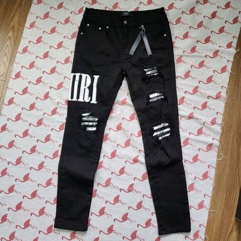 Amiri Silver Patchwork Letter Logo Slim Fit Ripped Jeans Men Amiri Pants, Slim Fit Ripped Jeans, Amiri Jeans, Printed Jogger Pants, Fashion Content, Ripped Jeans Men, Red Trench Coat, Printed Joggers, Jeans Men