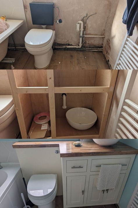 Here's how we built this bathroom cabinet with a sink, tap and a toilet. It completely transformed our bathroom space! Built In Toilet, Bathroom Sink And Toilet, Cabinet Face Frame, Diy Bathroom Sink, Inset Drawers, Toilet Vanity Unit, Toilet And Sink Unit, Pine Cabinet, Toilet Vanity