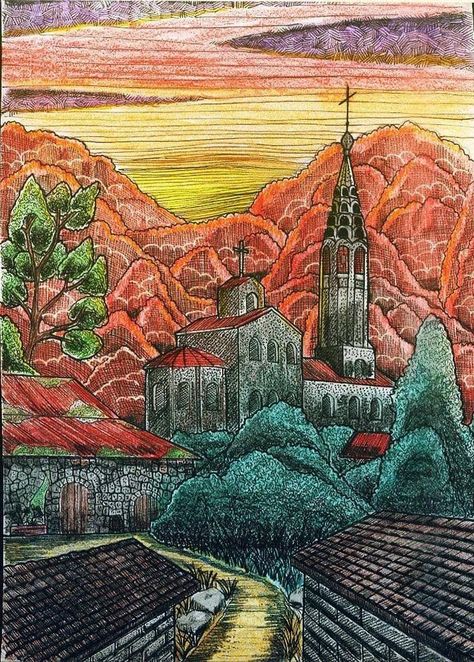 Colored Fineliner Art, Church Drawing, Fineliner Art, Fineliner Pens, Colored Pencil Drawing, Color Art, Office Art, Pen Art, Realistic Drawings