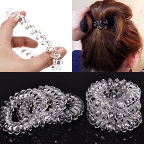 Wish | Clear Elastic 6pcs/set Hair Bands Telephone Wire Styled Ties Spiral Rubber Rope Bobble Hair Bands For Ladies, Rope Hair, Hair Coils, Hair Bobbles, Scrunchie Hair, Hair Colorist, Elastic Hair Bands, Hair Bands, Scrunchie Hairstyles