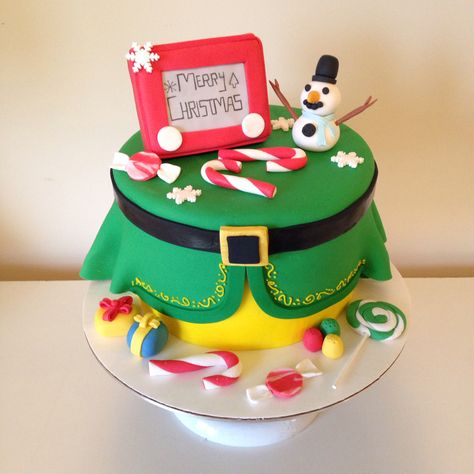 Buddy the Elf cake with etch-a-sketch by Kristy Dax Buddy The Elf Cake Ideas, Buddy The Elf Cake, Elf Musical, December Baking, Elf Movie Party, Elf Cake, Christmas Reception, Elf Birthday, Elf Themed Christmas Party