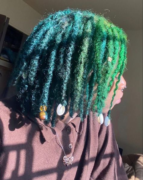 Green And Blue Locs Black Women, Blue And Green Dyed Hair, Locs Hairstyles For Women Color, Green And Black Locs, Blue And Green Locs, Colorful Locs Black Women, Dark Green Locs, Blue Locs Black Women, Green Natural Hair