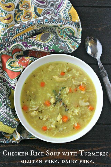 Chicken Rice Soup with Turmeric. Naturally gluten free and dairy free. Freezes great! Clean Soup, Protein Dairy Free, Soup With Turmeric, Soup Recipes Healthy, Menu Suggestions, Paleo Ideas, Rice Soup Recipes, Winter Meals, Paleo Soup