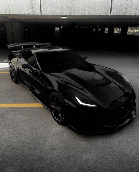 Matt Black Sports Cars, Blacked Out Sports Cars, All Black Sports Car, Black On Black Cars, Black Racing Car, Black Stingray Corvette, Sleek Black Car, Black Fast Cars, Black Expensive Car